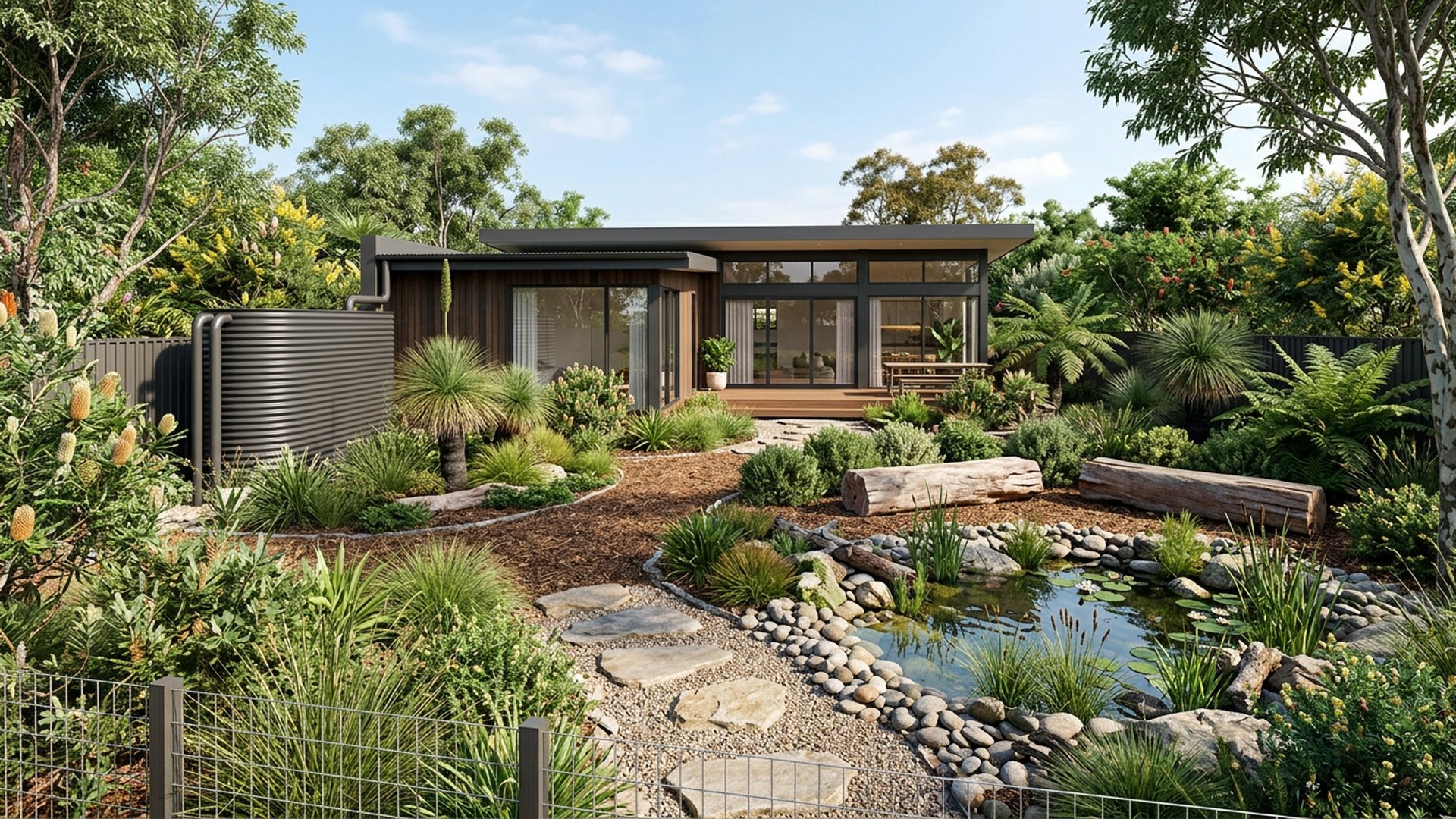 Native Habitat Backyard backyard landscaping concept Forward Looking Indigenous planting, a frog pond, log seating and a rainwater tank. Images Created by www.TinyHome-Revolution.com