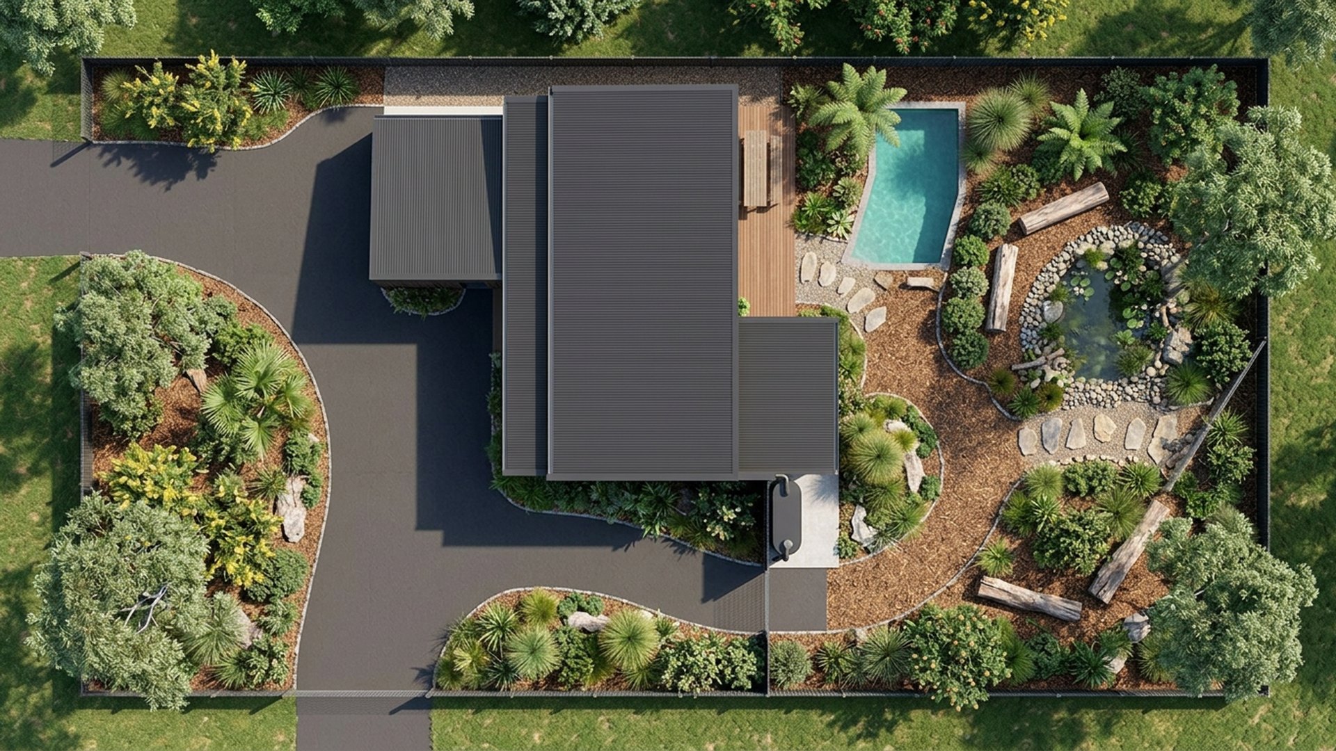 Native Home Designs design concept visualisation photo modern home and garden landscaping. Images Created by www.TinyHome-Revolution.com