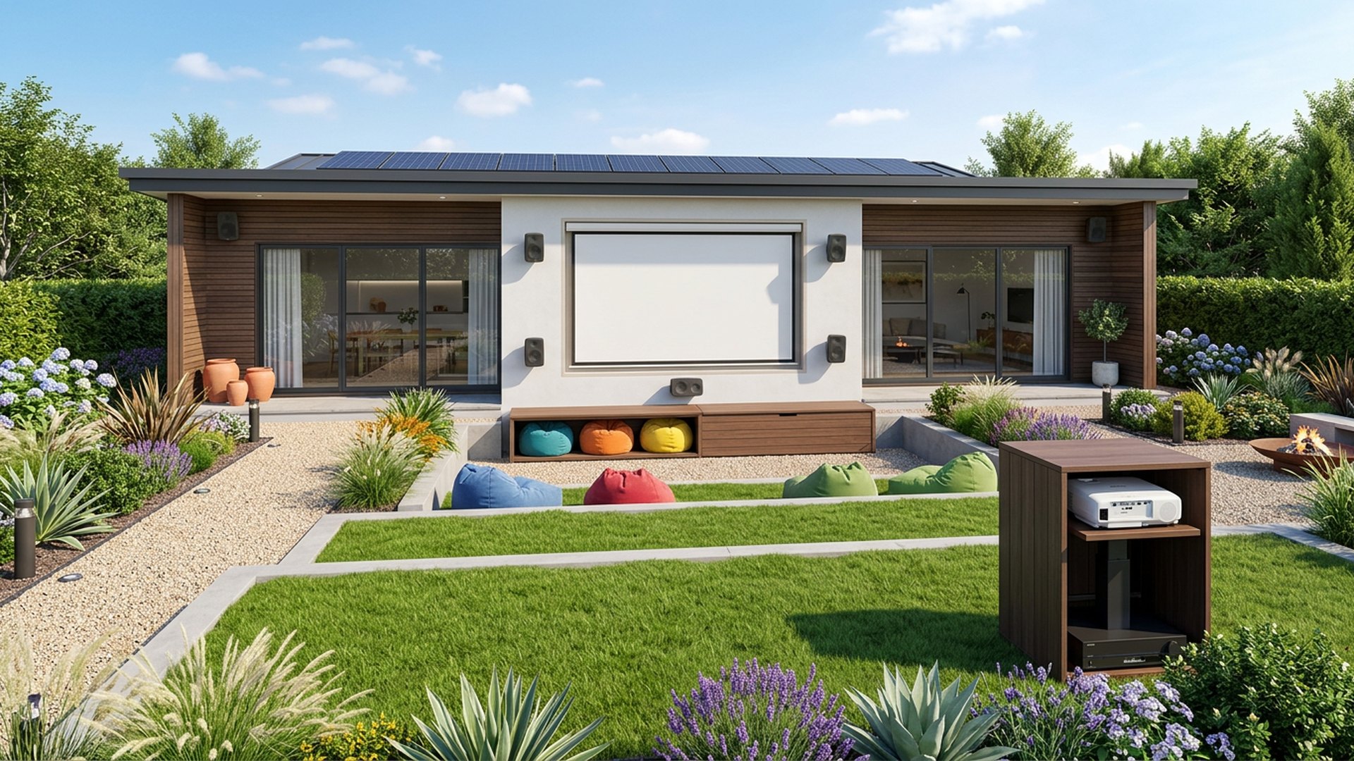 Outdoor Cinema Lawn backyard landscaping concept Forward Looking A projector wall, tiered lawn seating and bean bag storage bench. Images Created by www.TinyHome-Revolution.com
