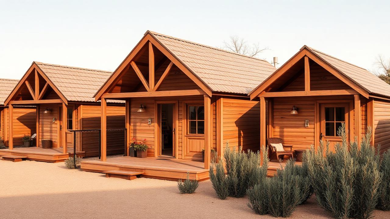 Row of classic fixed site tiny home cabins and timber cottages with pitched roofs and small decks, images created by www.TinyHome-Revolution.com