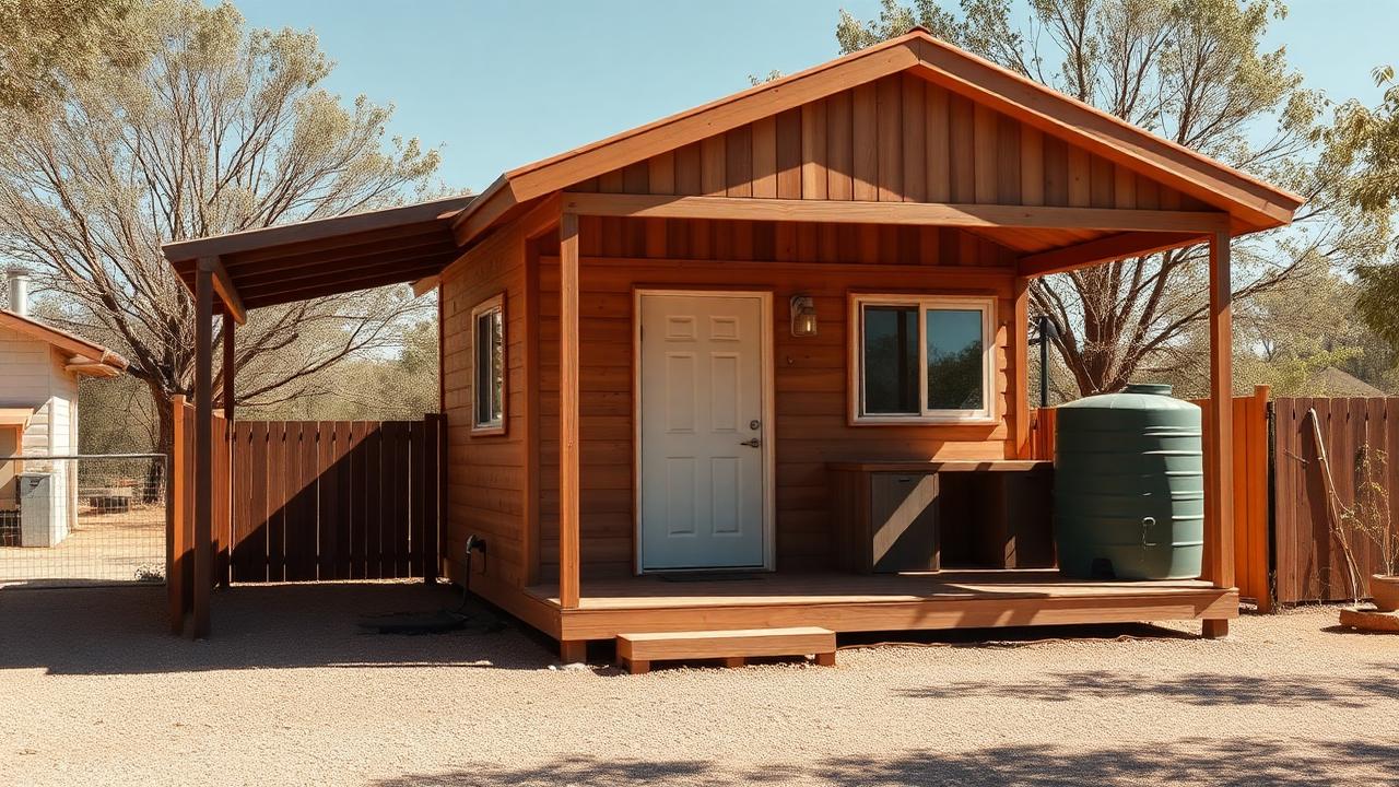 Affordable budget timber tiny home on a small block with carport, fence and water tank, images created by www.TinyHome-Revolution.com