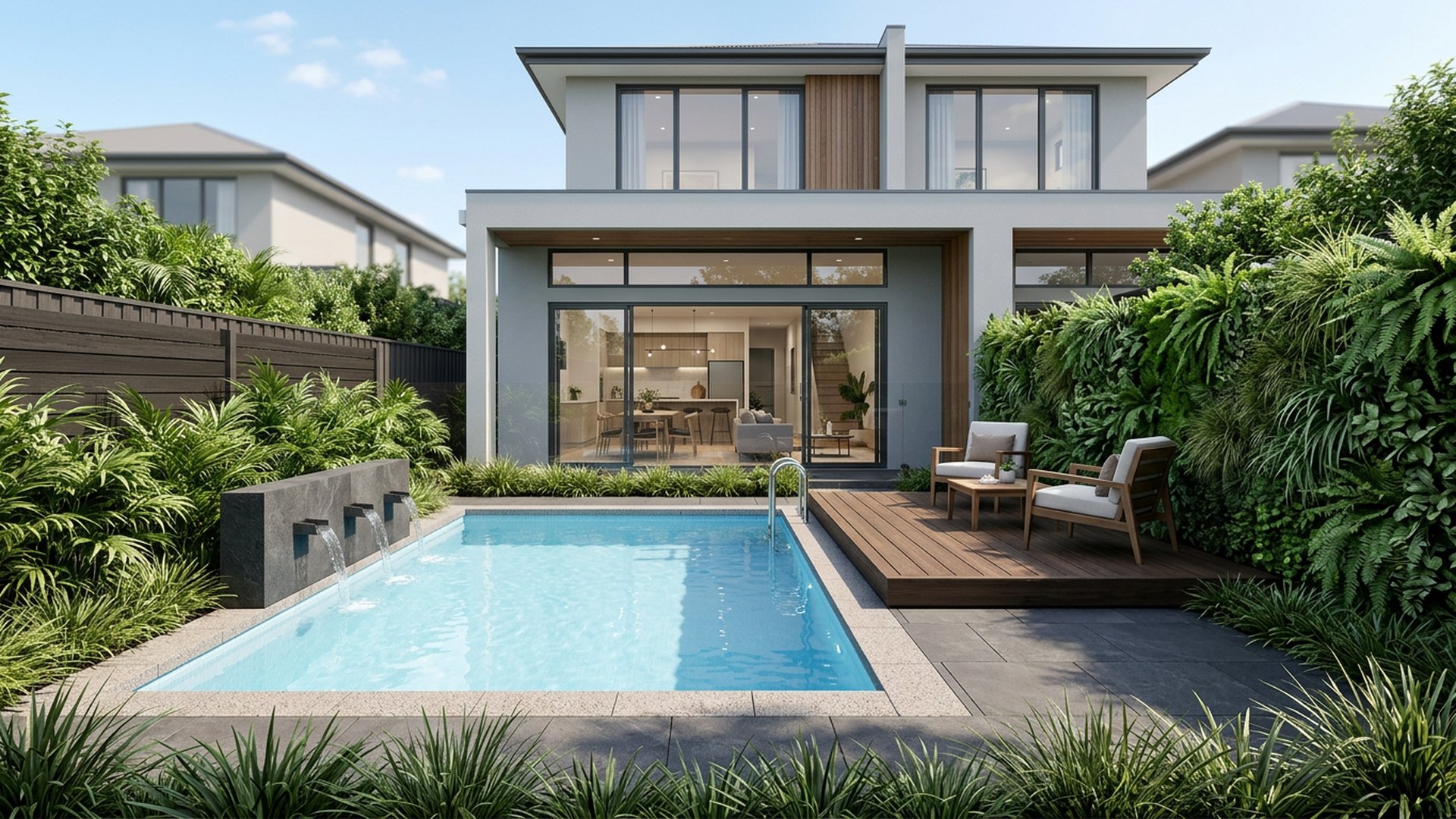 Plunge Pool Courtyard backyard landscaping concept Forward Looking A 4 metre plunge pool, deck platform and green wall in a. Images Created by www.TinyHome-Revolution.com