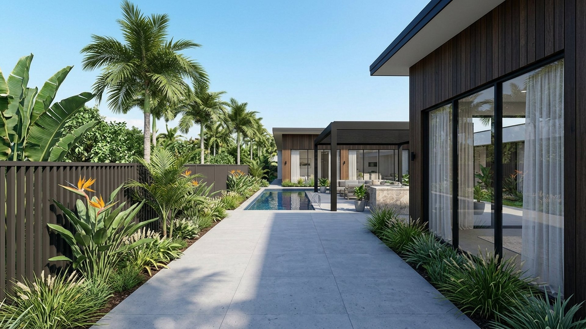 Poolside Pool Designs design concept visualisation photo modern home and garden landscaping. Images Created by www.TinyHome-Revolution.com