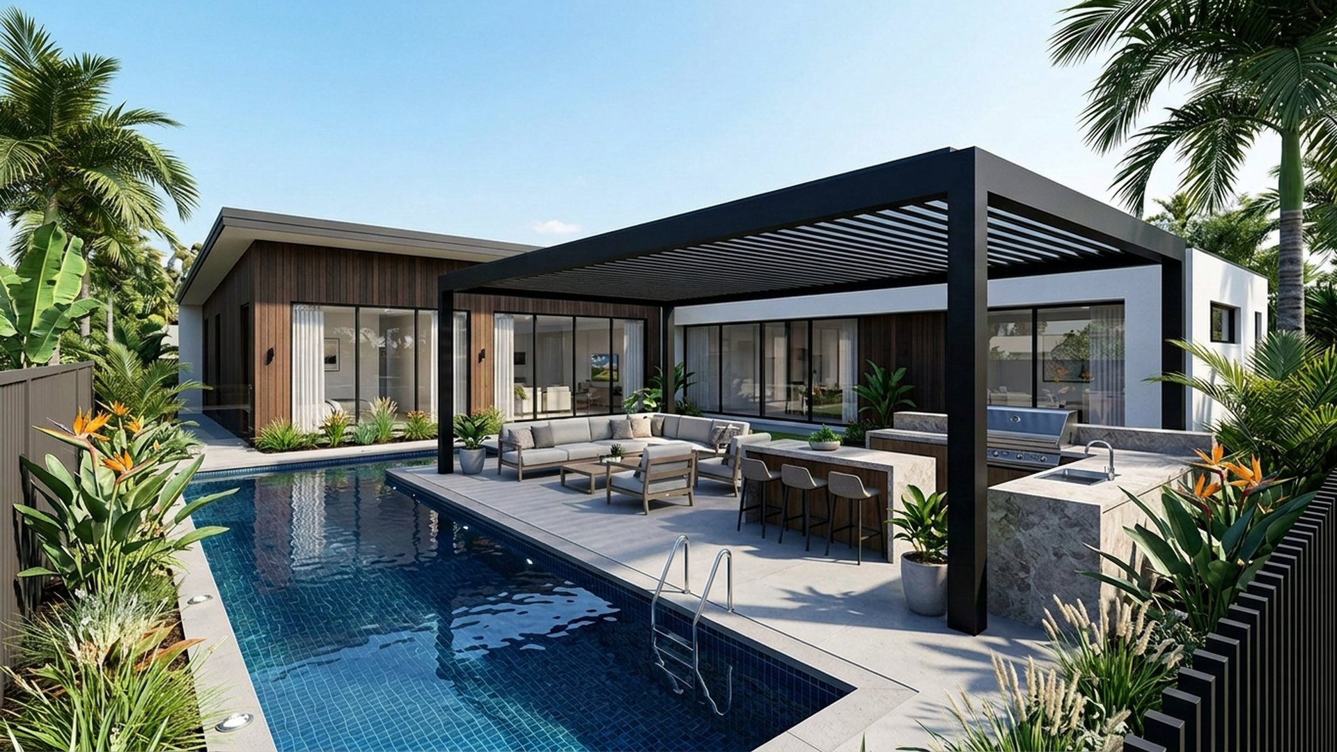 Poolside Pool Designs design concept visualisation photo modern home and garden landscaping. Images Created by www.TinyHome-Revolution.com