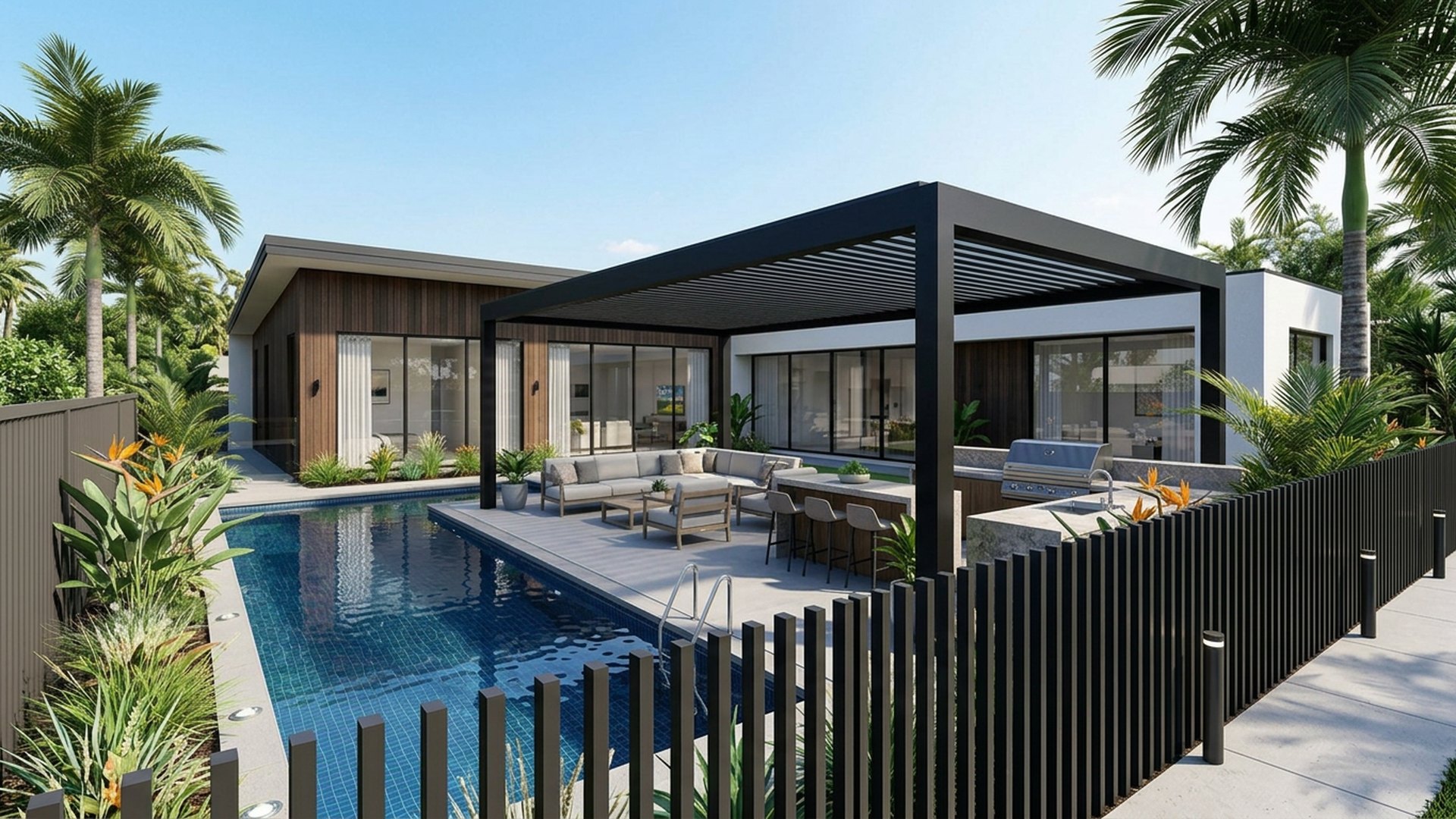 Poolside Pool Designs design concept visualisation photo modern home and garden landscaping. Images Created by www.TinyHome-Revolution.com