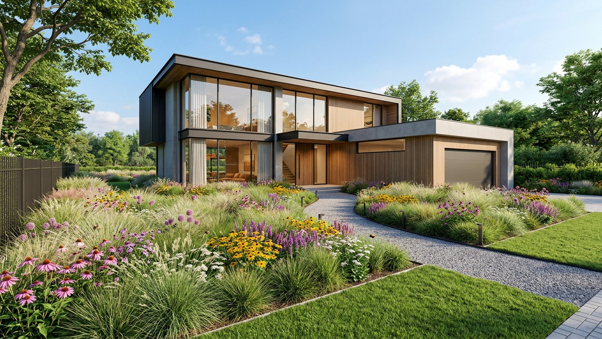 Prairie Meadow Verge front yard landscaping concept Forward Looking Drifting grasses and perennials mown to a crisp lawn edge for. Images Created by www.TinyHome-Revolution.com