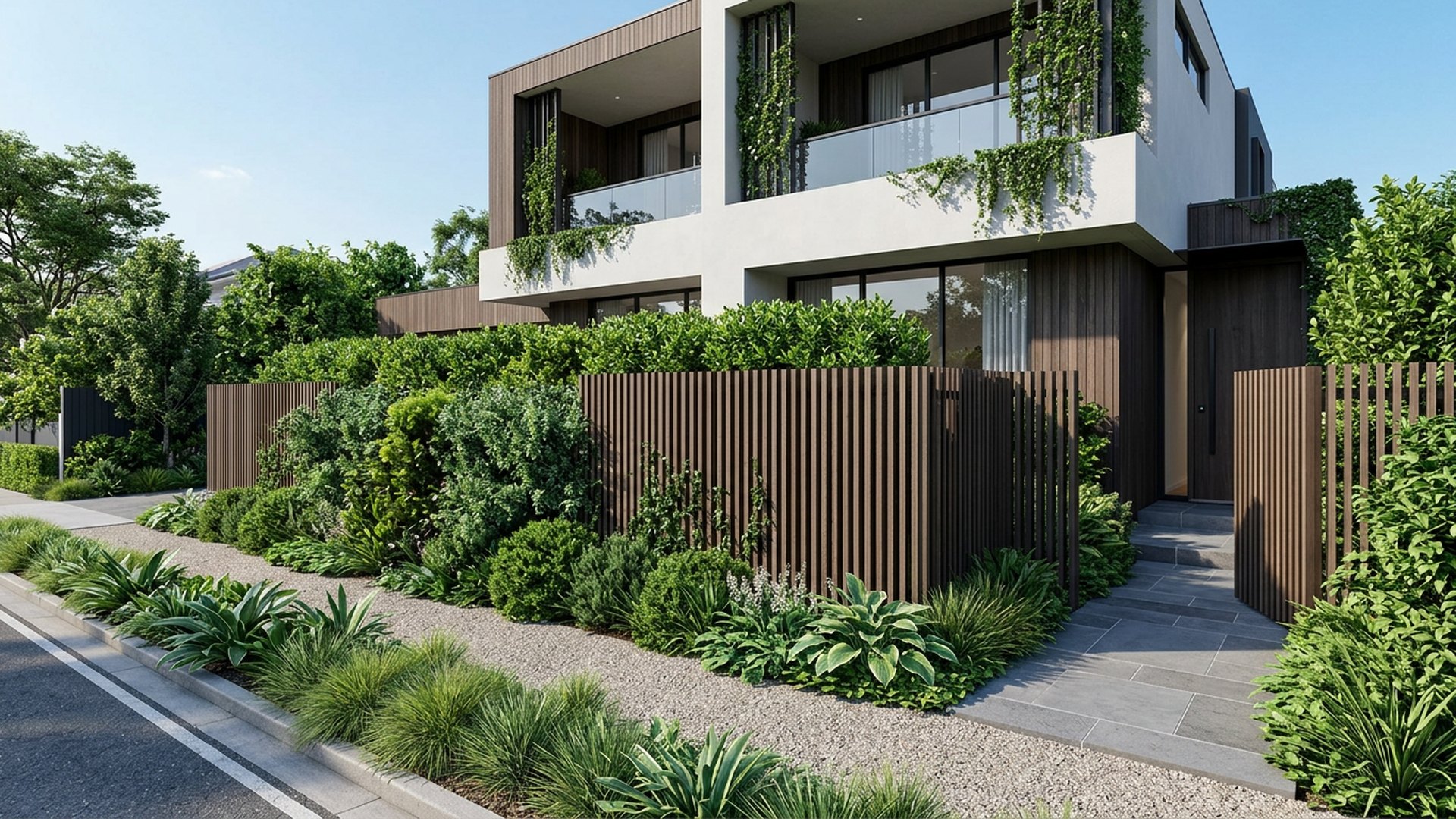 Privacy Screen Front front yard landscaping concept Forward Looking A slatted screen wall and layered hedge that hides living rooms. Images Created by www.TinyHome-Revolution.com