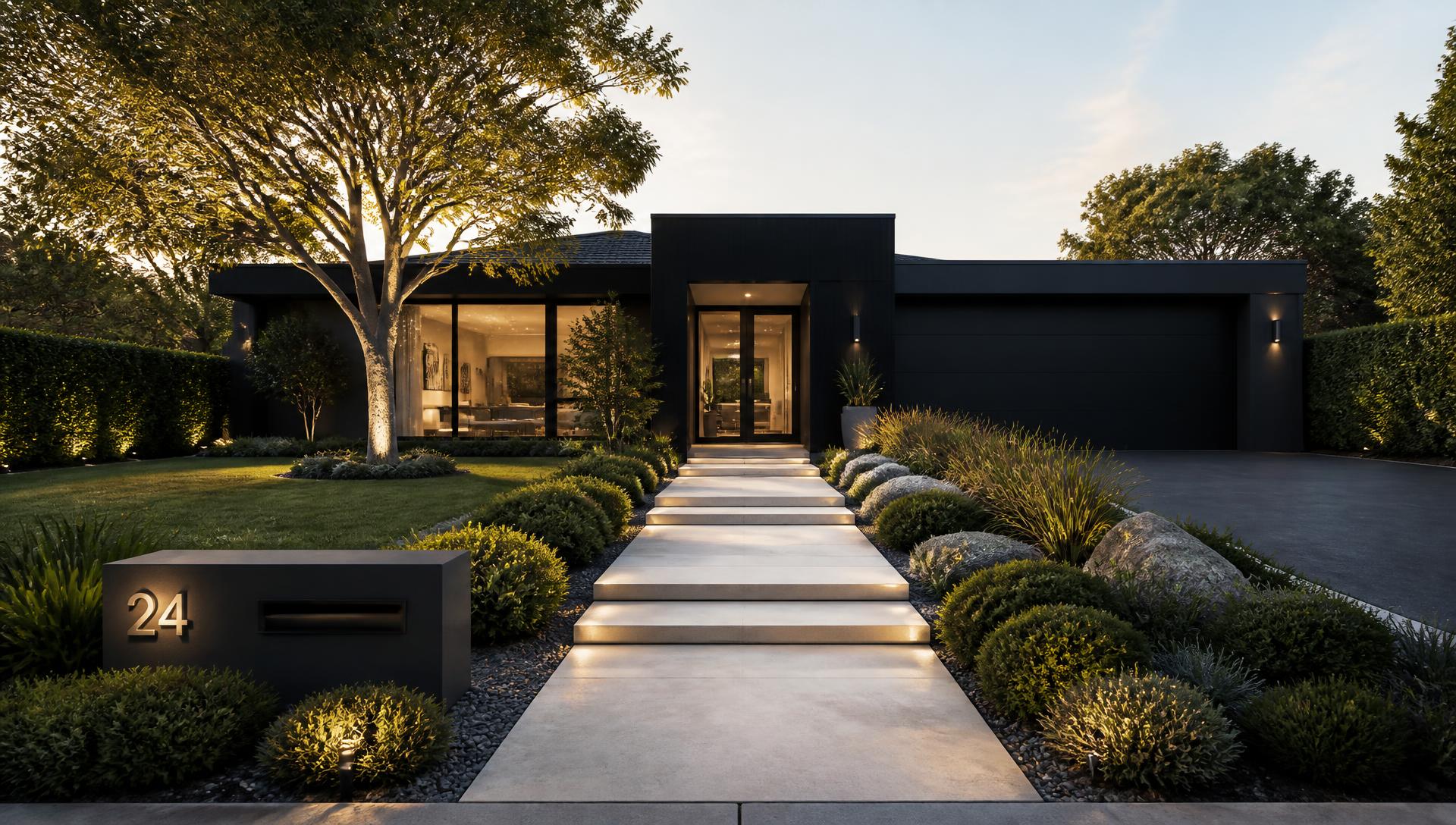 Modern front yard with wide stone path and layered planting beds showing proportion planning. Images Created by www.TinyHome-Revolution.com