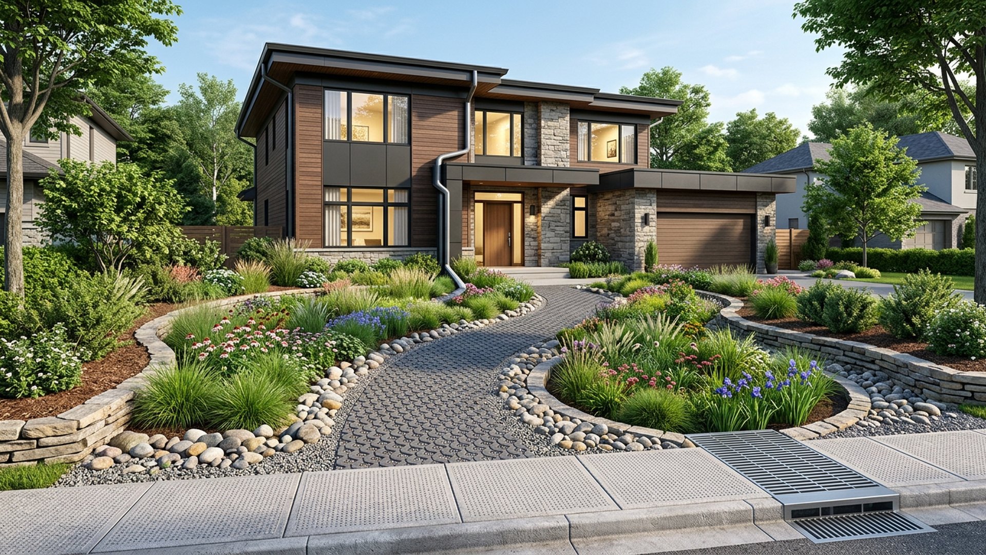 Rain Garden Front front yard landscaping concept Forward Looking A planted swale that captures roof runoff before it reaches the. Images Created by www.TinyHome-Revolution.com