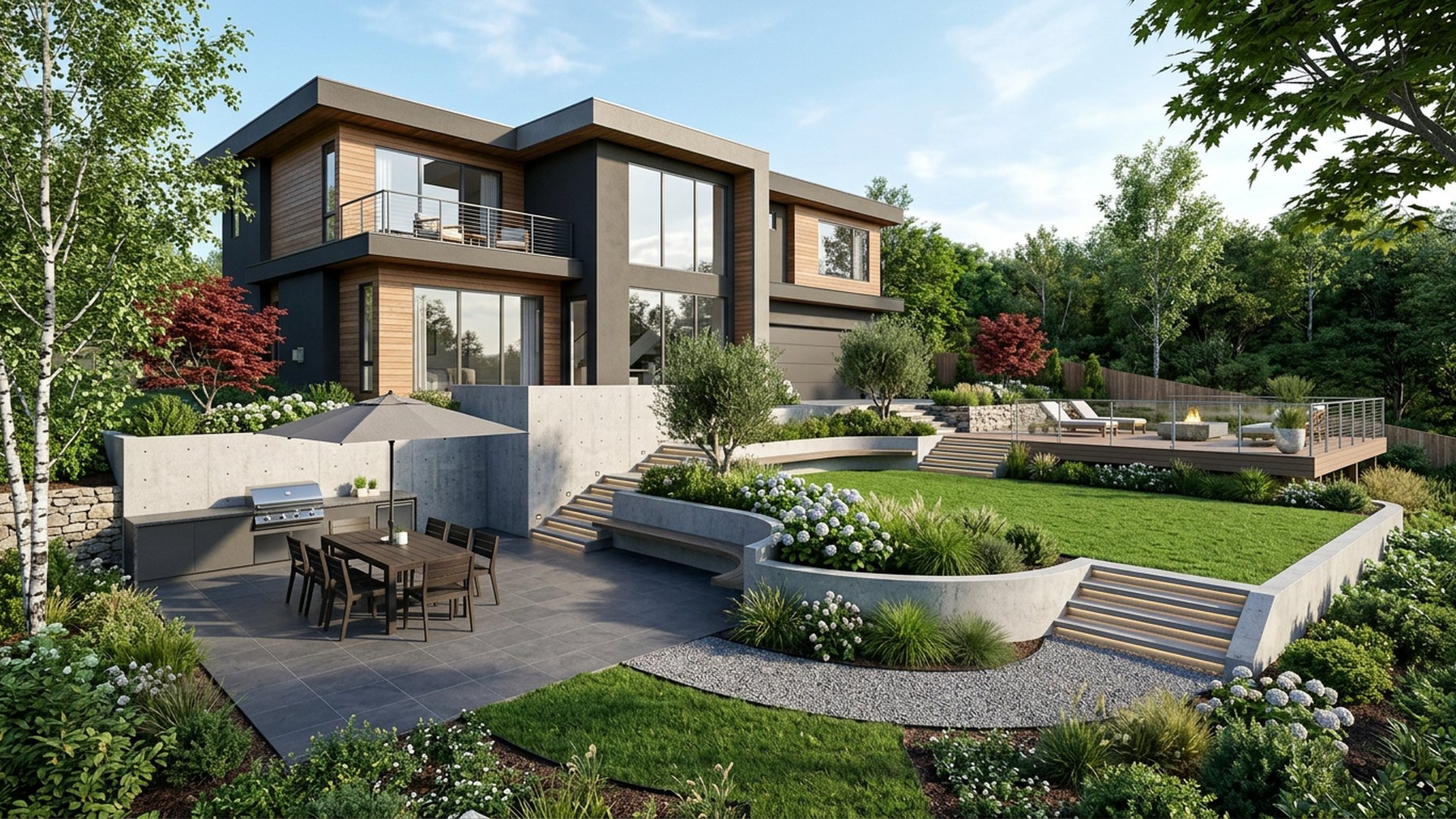 Sloping Yard Terraces backyard landscaping concept Forward Looking Three levels: dining terrace, lawn, and a lookout deck at the high. Images Created by www.TinyHome-Revolution.com
