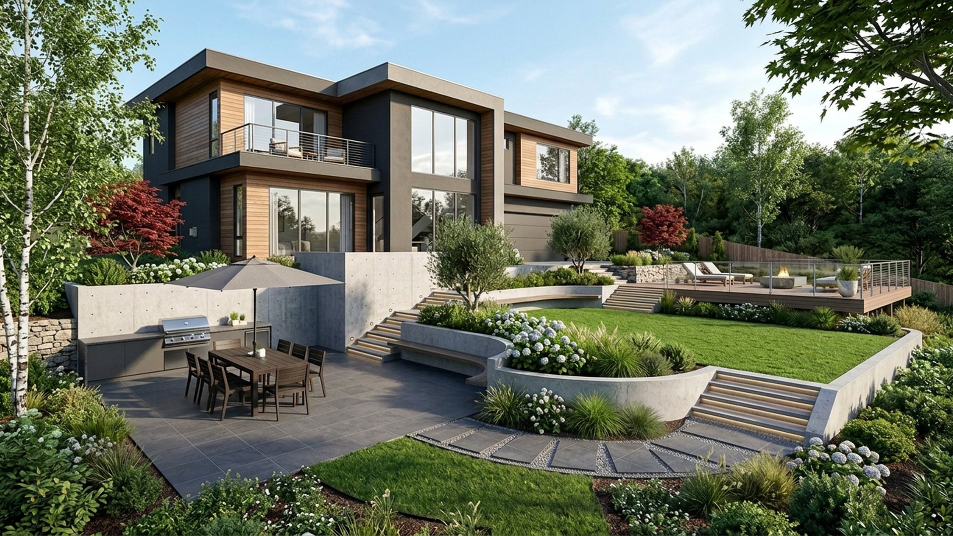 Sloping Home Designs design concept visualisation photo modern home and garden landscaping. Images Created by www.TinyHome-Revolution.com