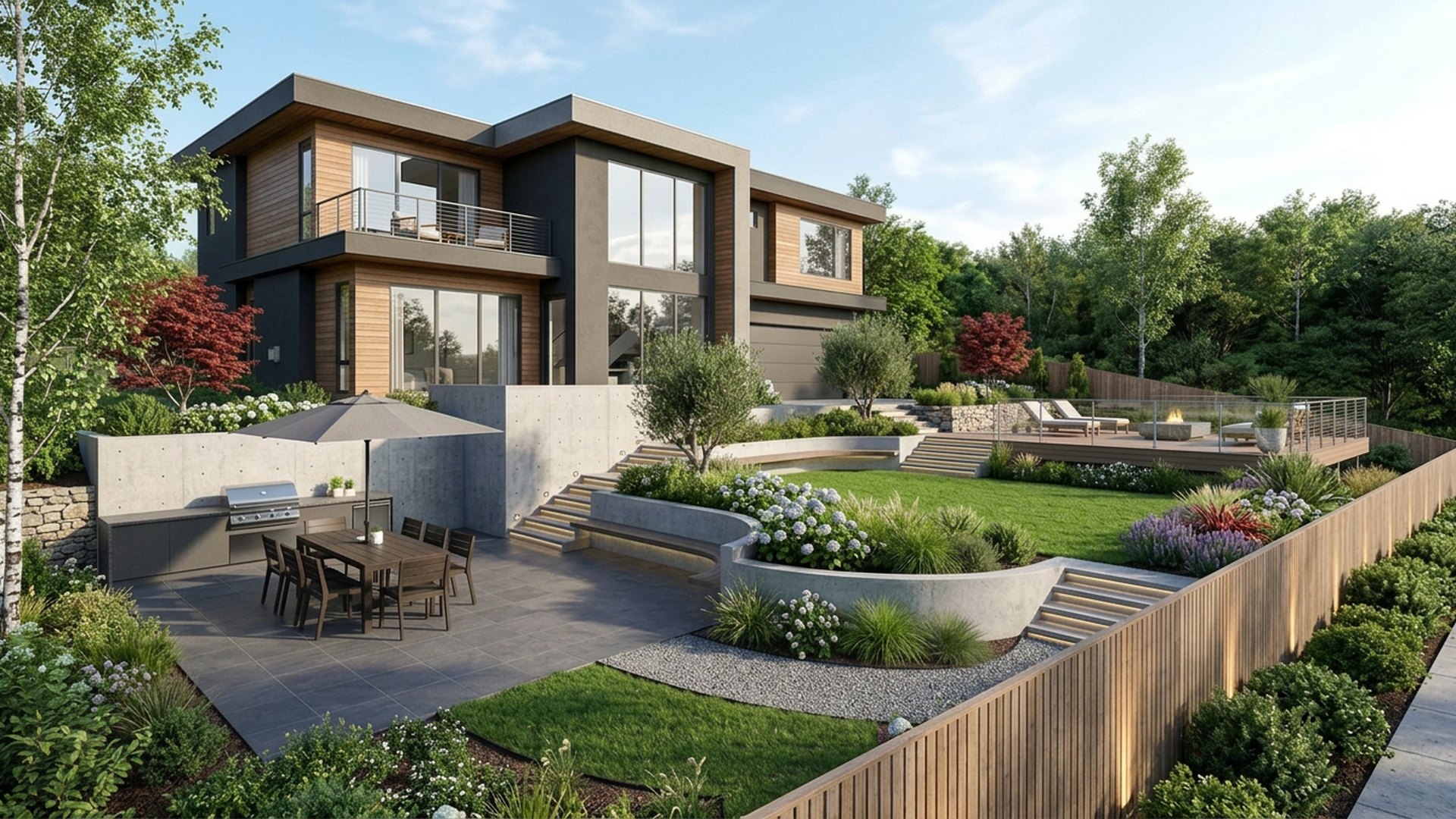 Sloping Home Designs design concept visualisation photo modern home and garden landscaping. Images Created by www.TinyHome-Revolution.com