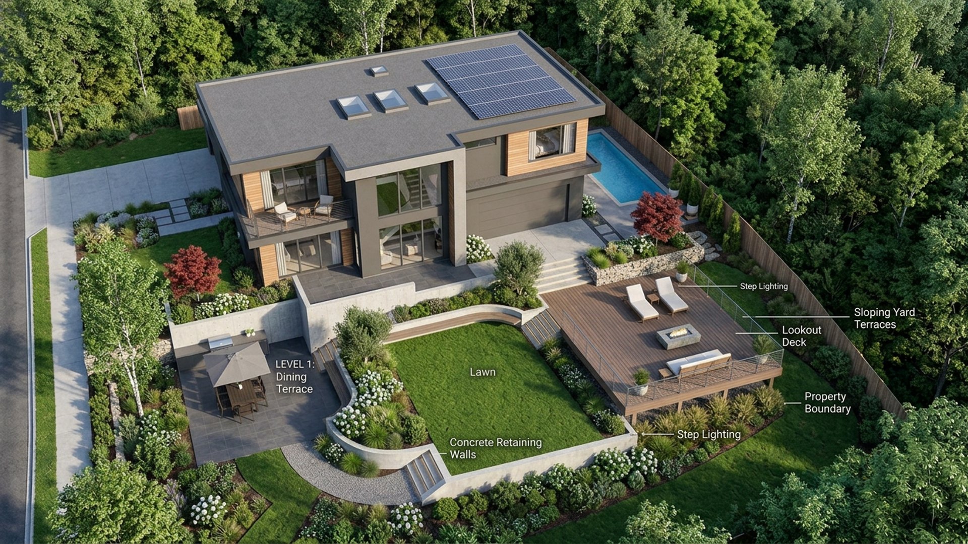 Sloping Home Designs design concept visualisation photo modern home and garden landscaping. Images Created by www.TinyHome-Revolution.com
