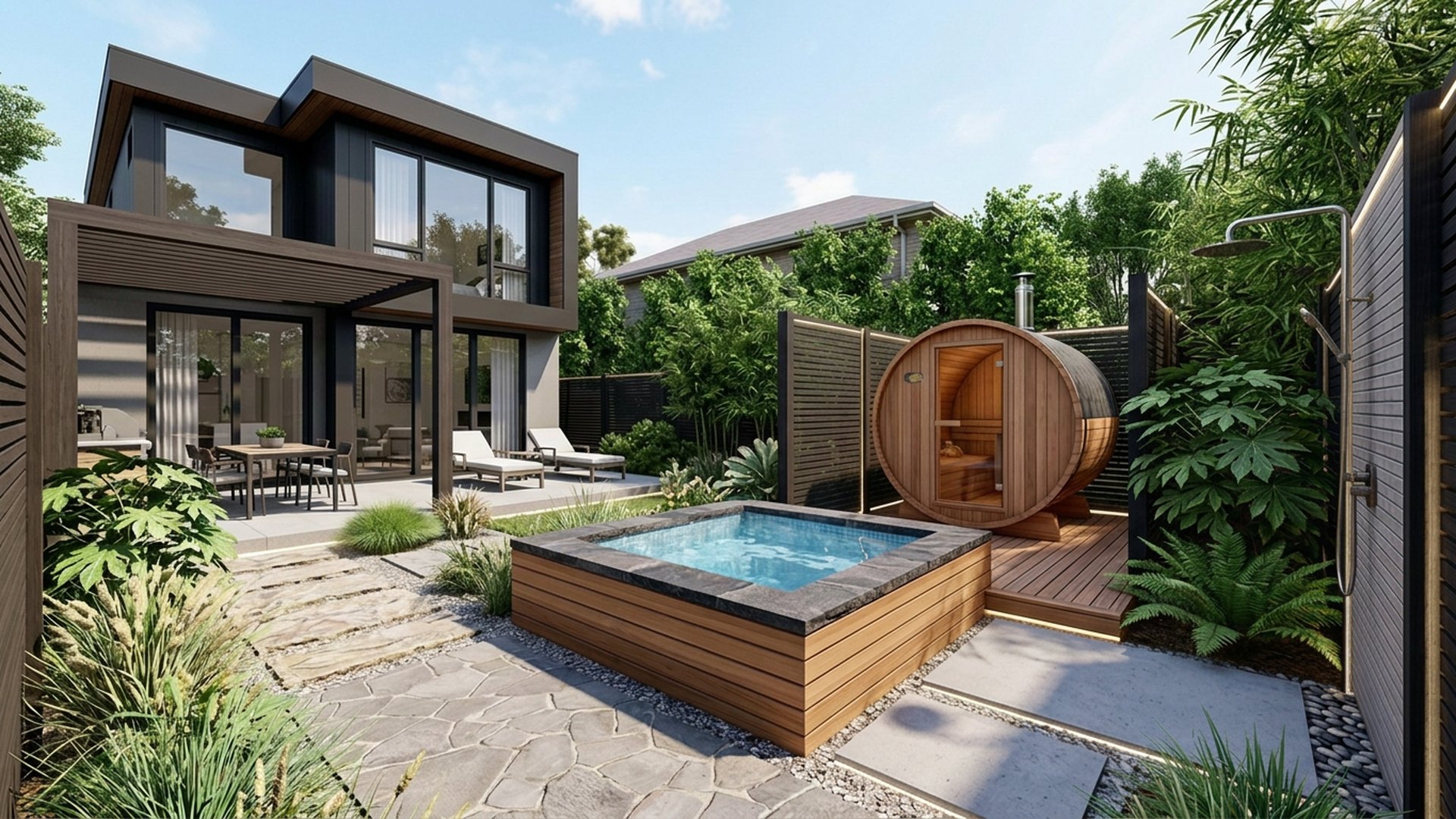 Spa Home Designs design concept visualisation photo modern home and garden landscaping. Images Created by www.TinyHome-Revolution.com