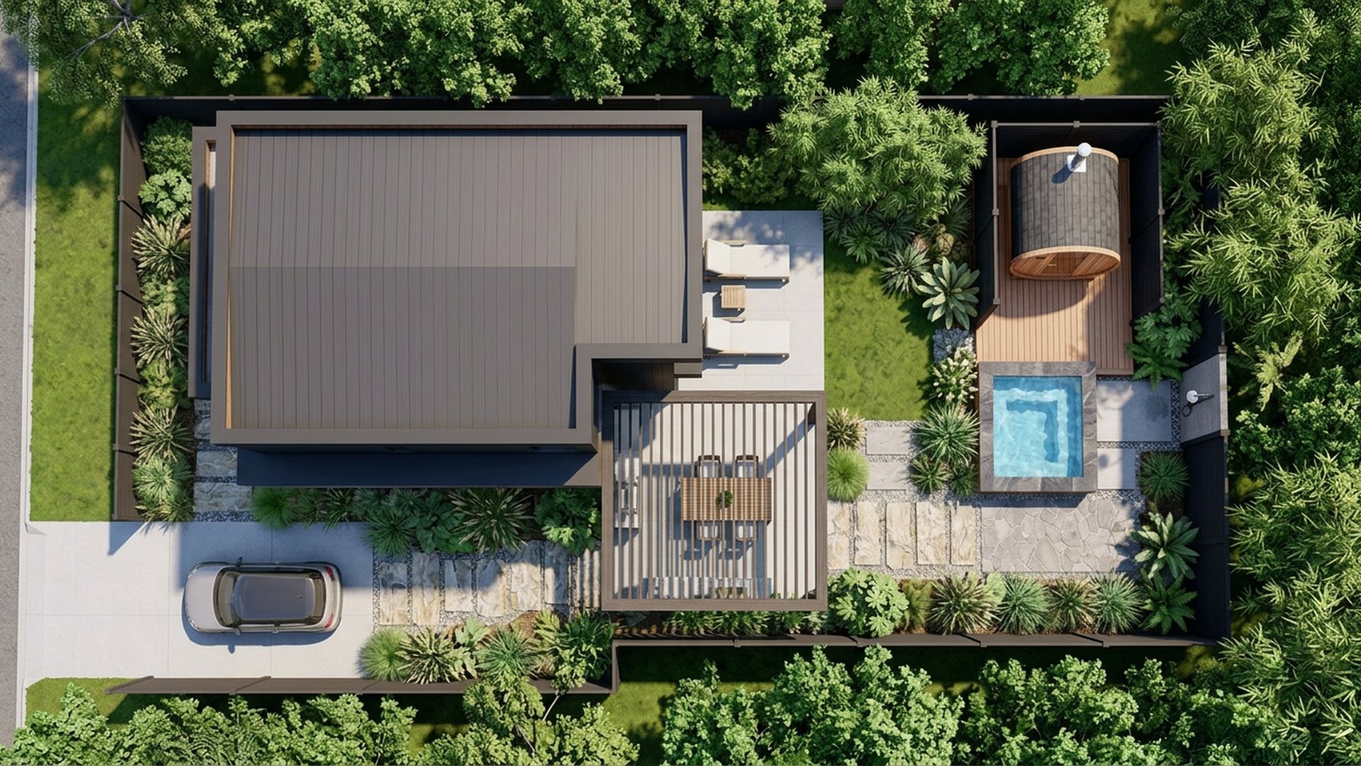 Spa Home Designs design concept visualisation photo modern home and garden landscaping. Images Created by www.TinyHome-Revolution.com