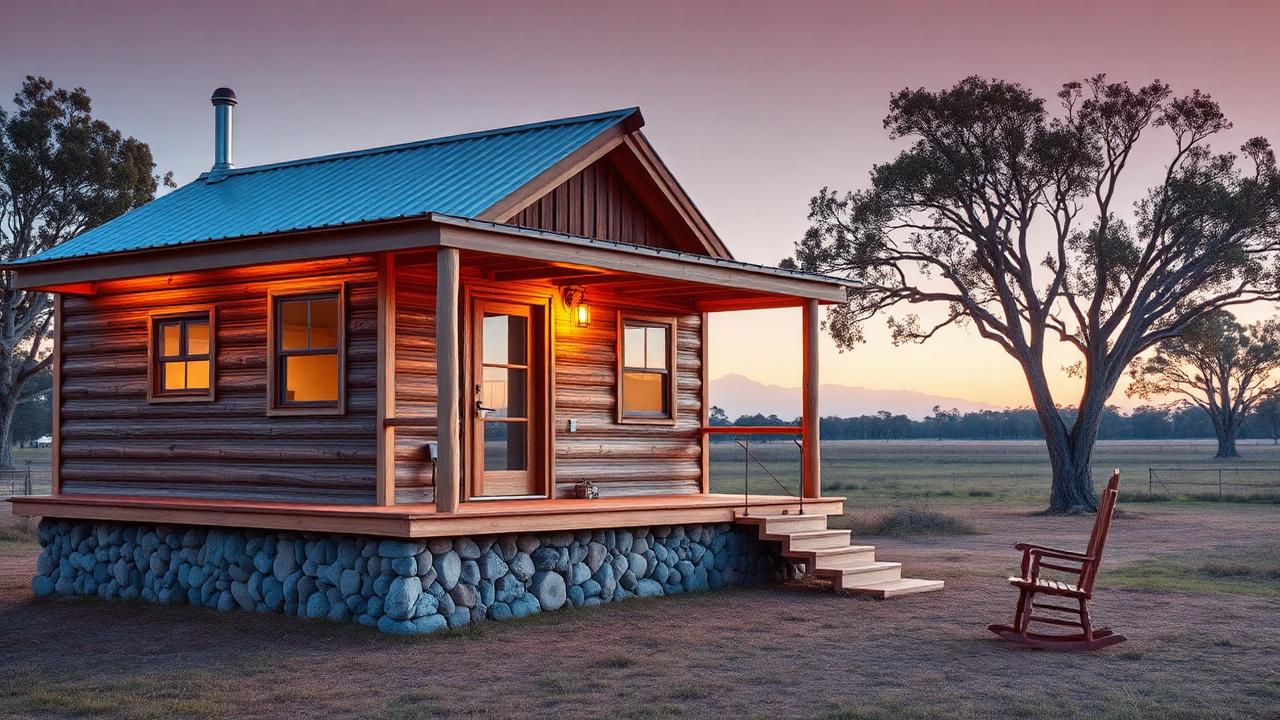 Design 04 Rural veranda cabin on a stone plinth tiny home design. Images Created by www.TinyHome-Revolution.com