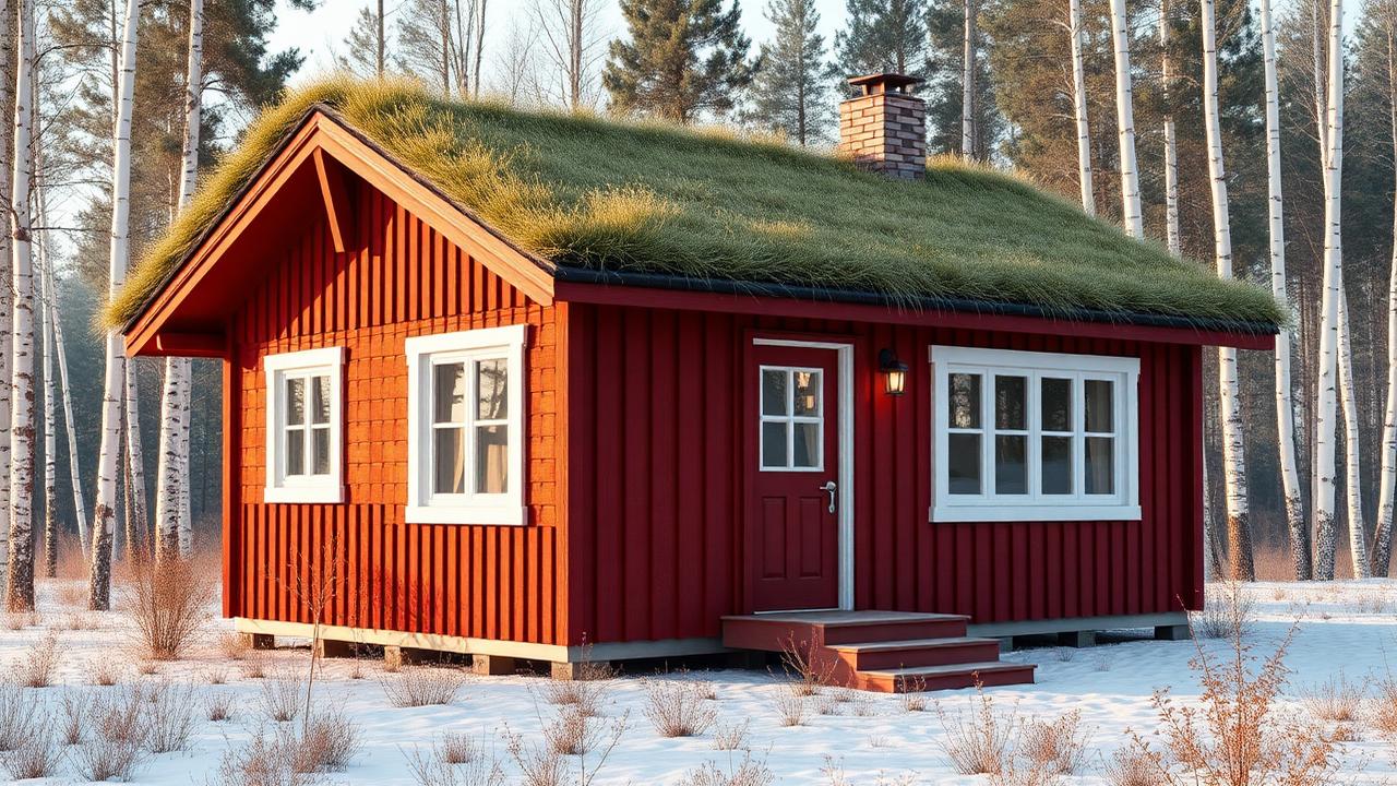 Design 05 Scandinavian falu red with a turf roof tiny home design. Images Created by www.TinyHome-Revolution.com
