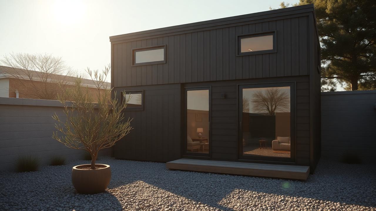 Design 06 Charred timber courtyard micro house tiny home design modern home. Images Created by www.TinyHome-Revolution.com