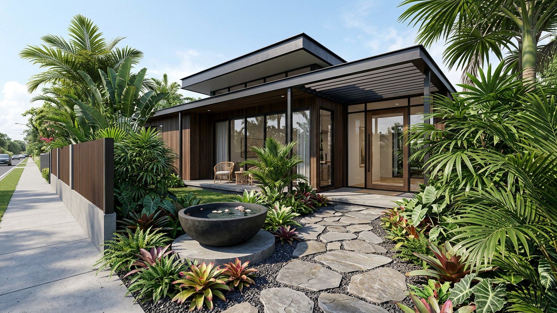 Tropical Arrival front yard landscaping concept Forward Looking Broad leaf palms, bromeliads and a water bowl beside a shaded entry. Images Created by www.TinyHome-Revolution.com