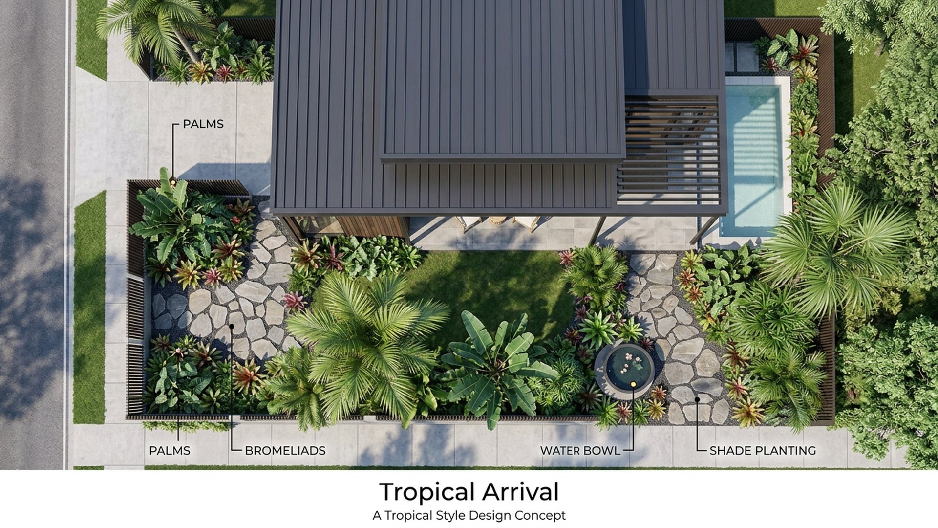Tropical Home Designs design concept visualisation photo modern home and garden landscaping. Images Created by www.TinyHome-Revolution.com