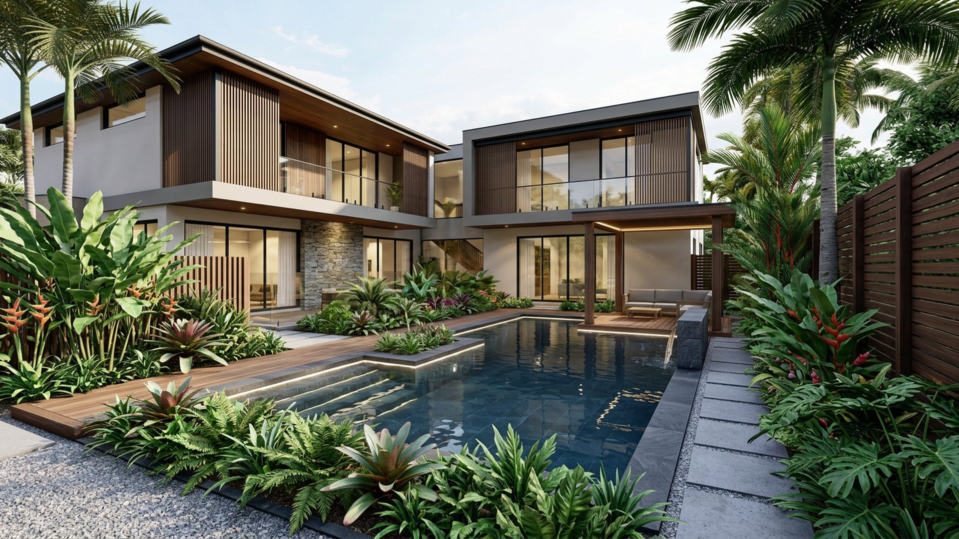 Tropical Oasis backyard landscaping concept Forward Looking Layered palms and gingers around a dark tiled pool with hidden lighting. Images Created by www.TinyHome-Revolution.com