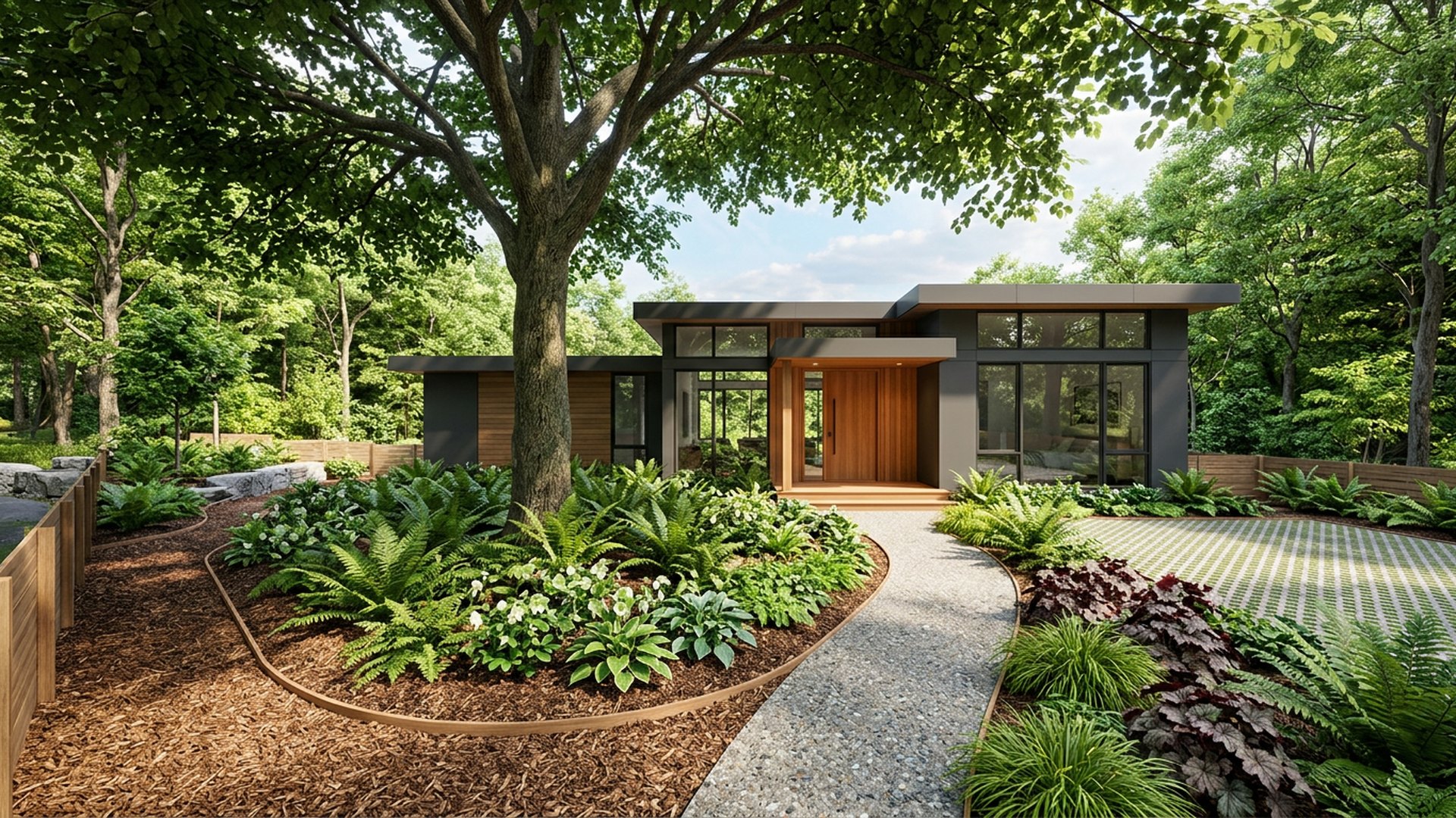 Woodland Shade Front front yard landscaping concept Forward Looking Ferns, hellebores and bark mulch under an existing canopy tree. Images Created by www.TinyHome-Revolution.com