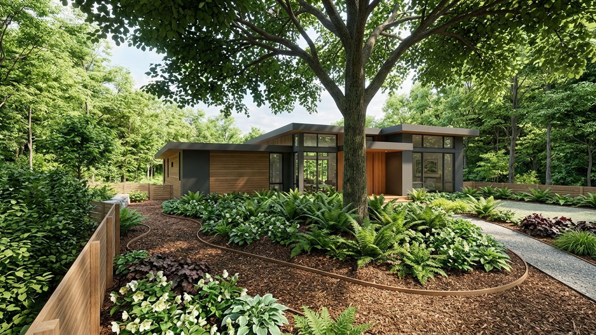 Woodland Pergola Designs design concept visualisation photo modern home and garden landscaping. Images Created by www.TinyHome-Revolution.com