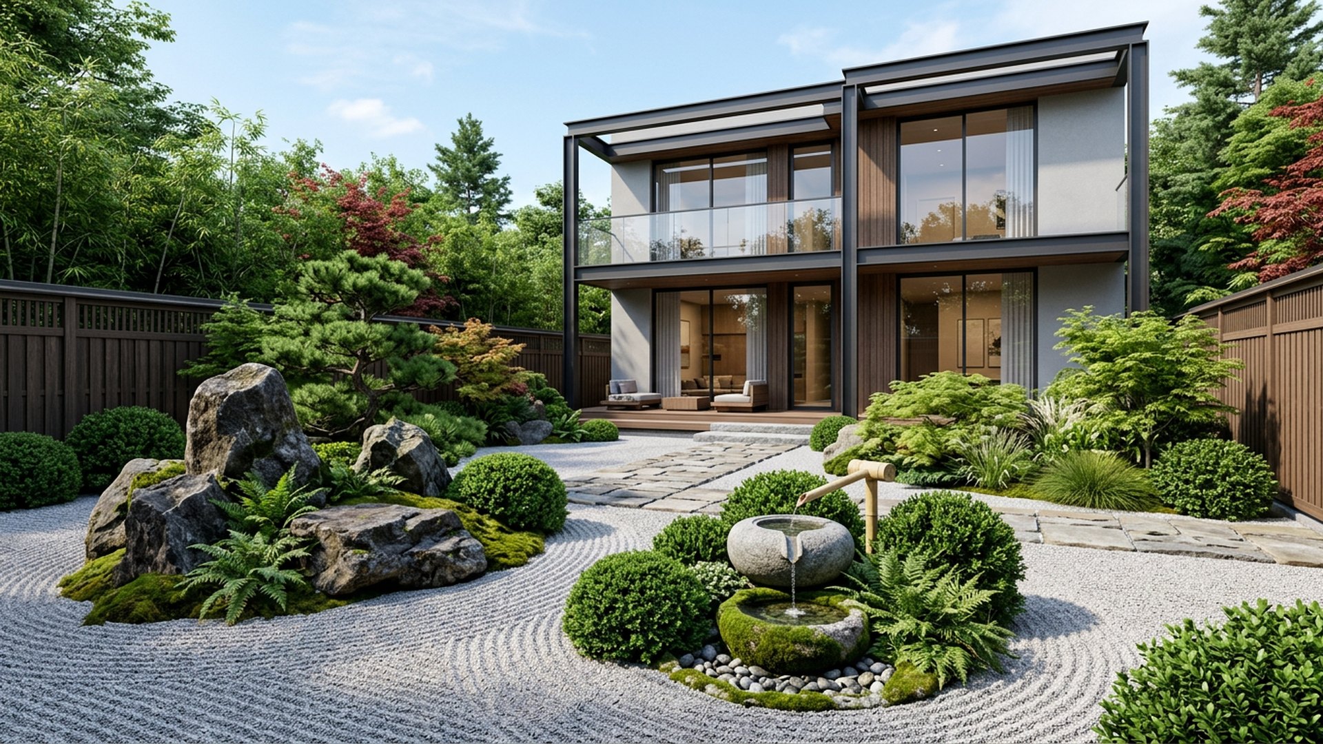 Zen Courtyard backyard landscaping concept Forward Looking Gravel, boulders, a water basin and clipped forms for a still, quiet yard. Images Created by www.TinyHome-Revolution.com