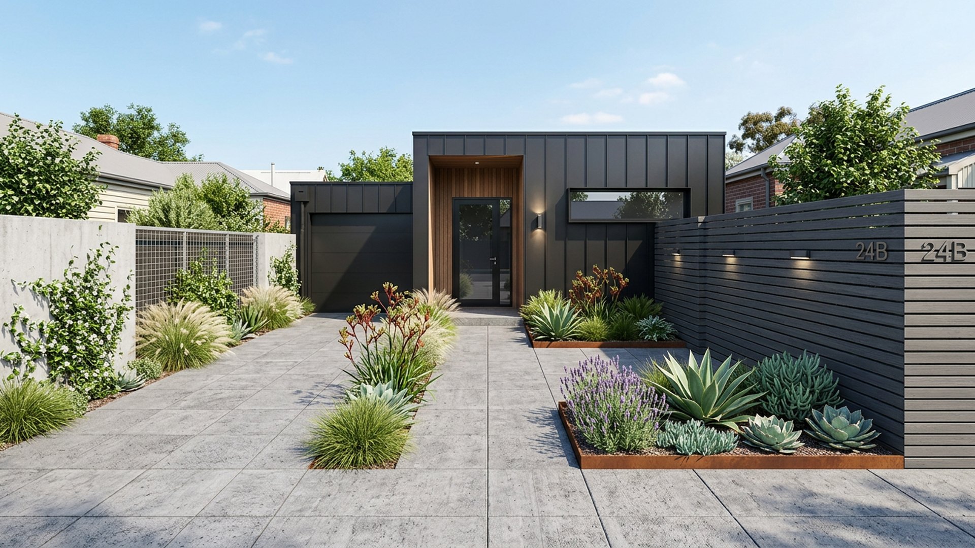 Zero Lawn Courtyard front yard landscaping concept Forward Looking Full paving with planted pockets, perfect for narrow inner-city frontages. Images Created by www.TinyHome-Revolution.com