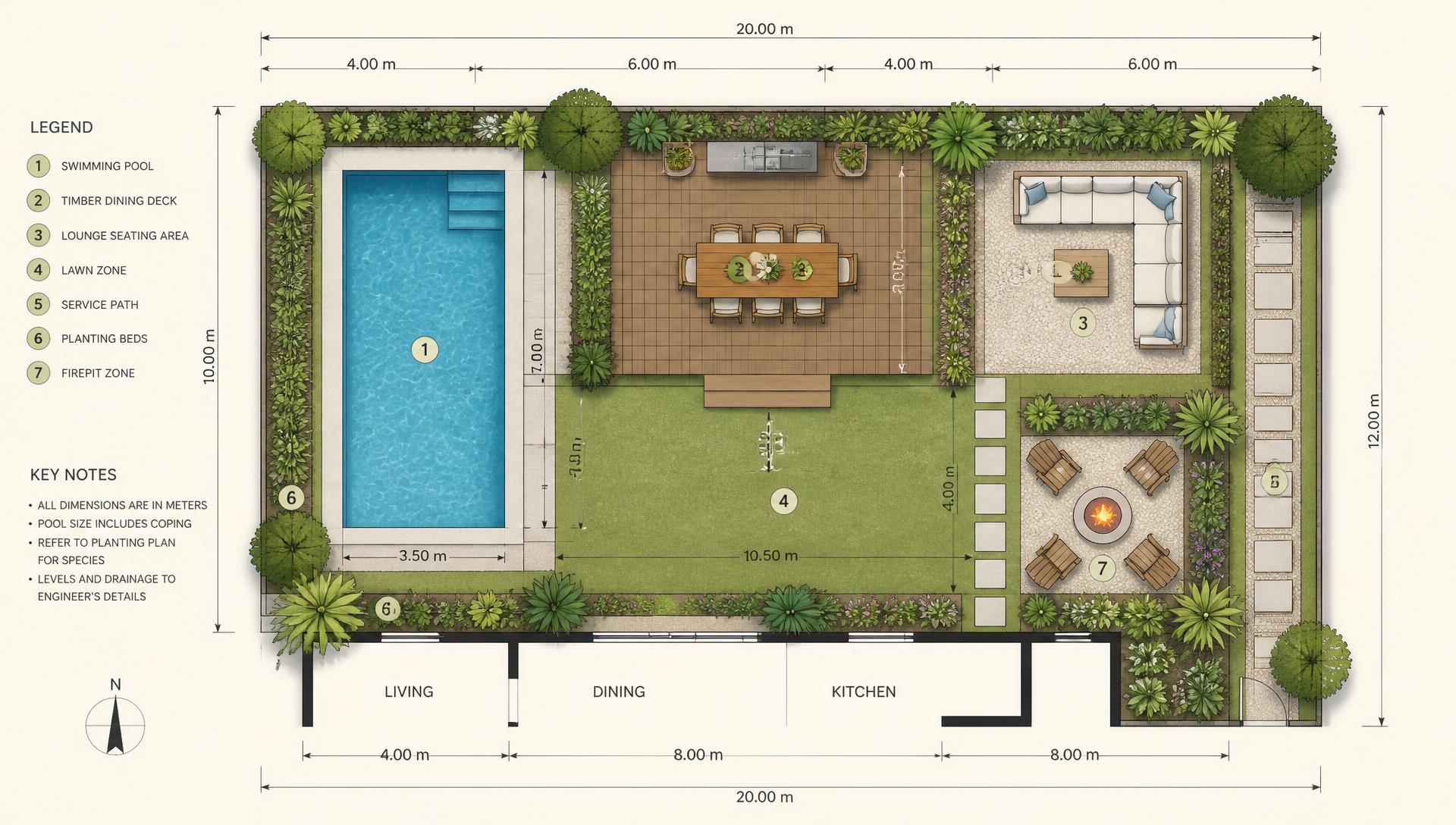 Top down backyard plan showing pool deck lawn lounge zones and measurements. Images Created by www.TinyHome-Revolution.com